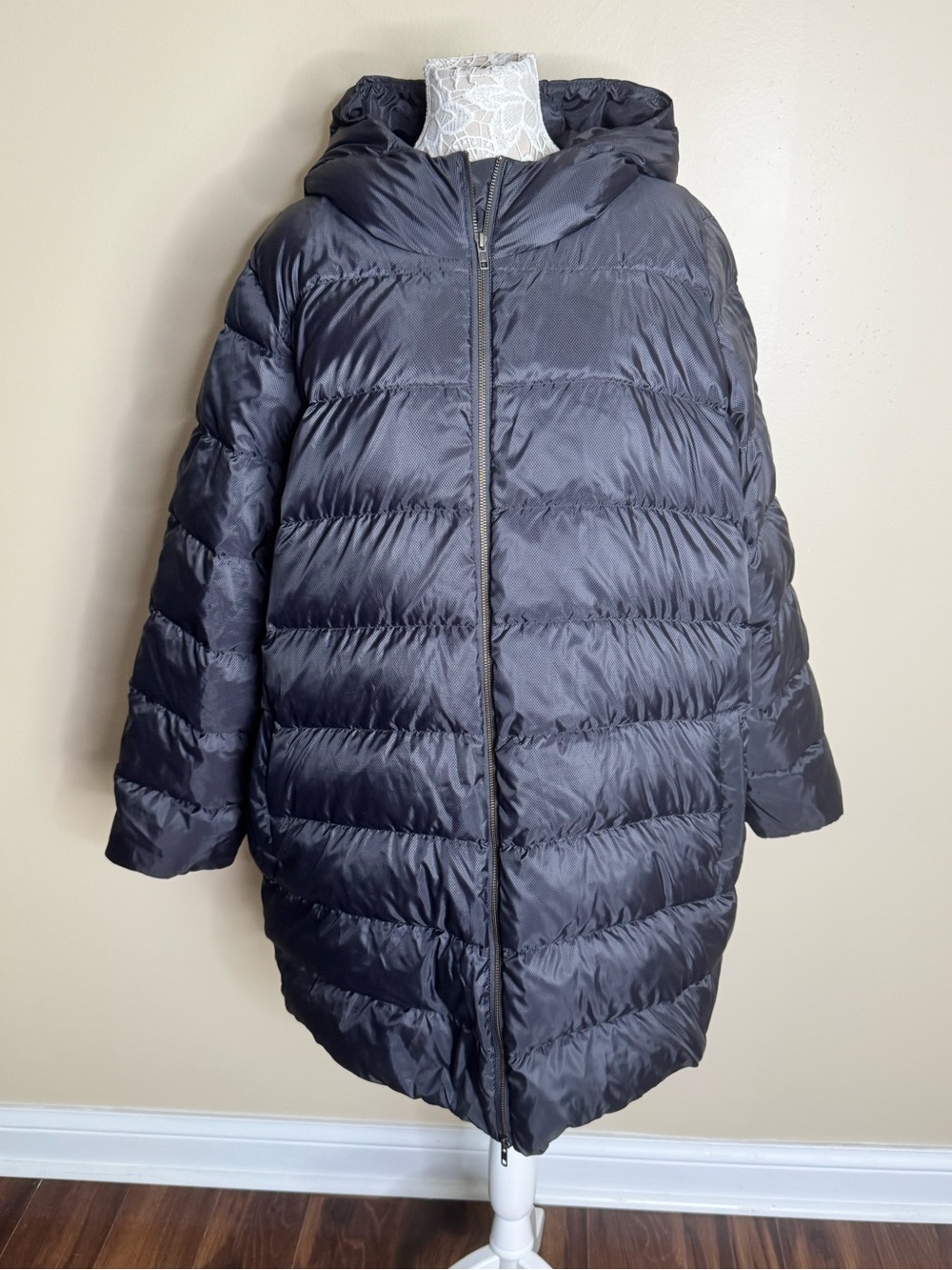 Eileen Fisher Black Quilted Hooded Down Puffer Coat Quiet Luxury size 3X